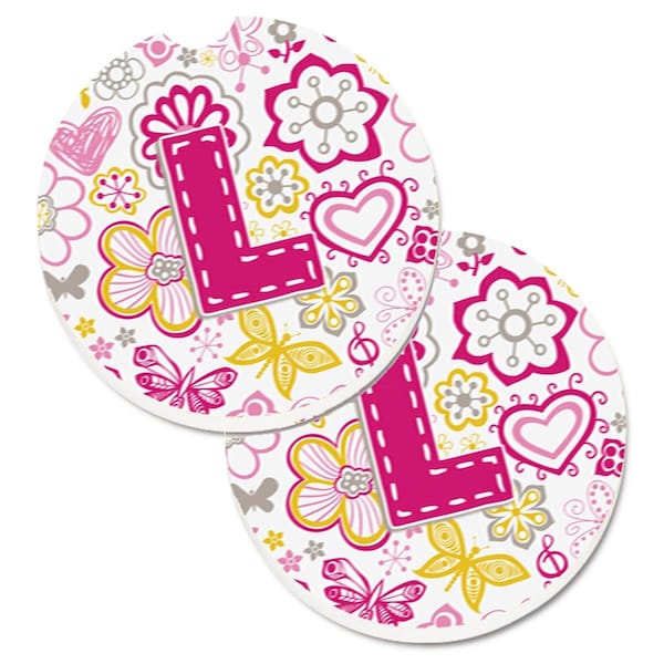 Carolines Treasures Letter L Flowers and Butterflies Pink Set of 2 Cup Holder Car Coaster CJ2005-LCARC - main